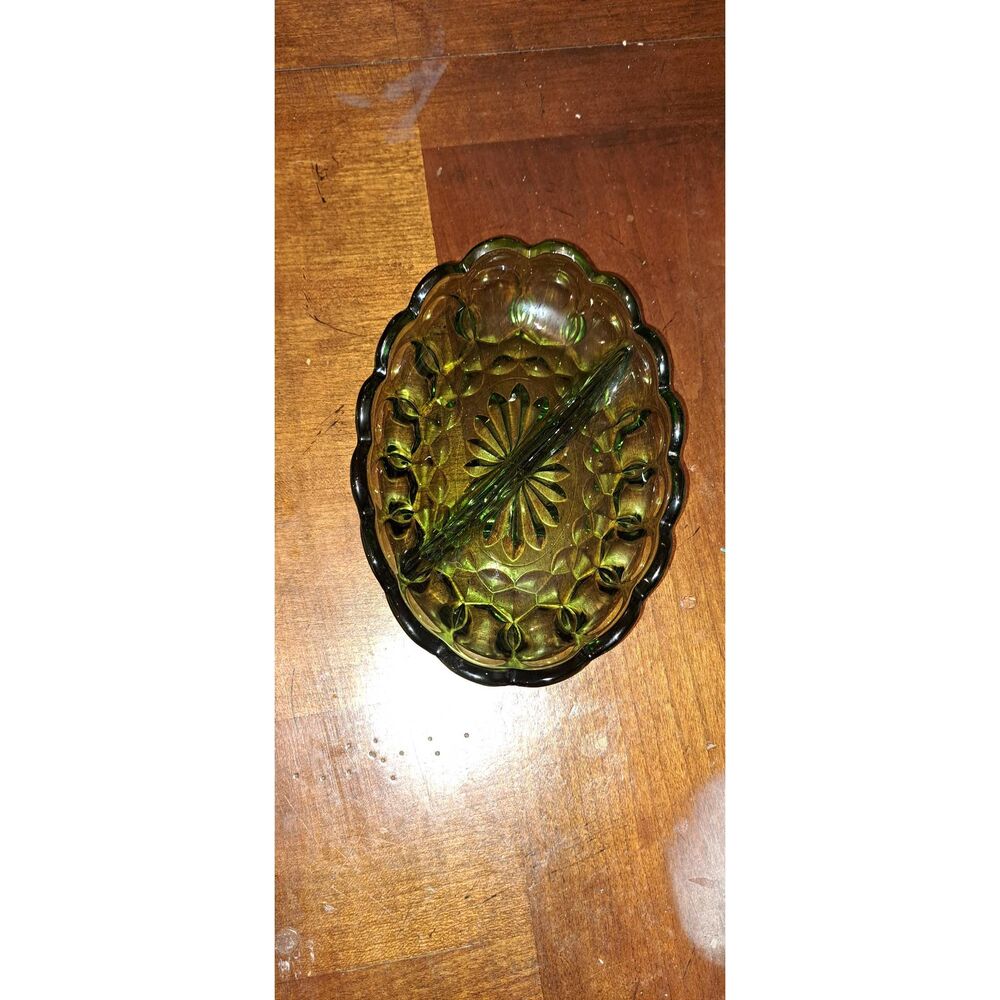 Vintage Olive Green Pressed Glass Divided Relish Dish / Candy Nut Bowl Scalloped